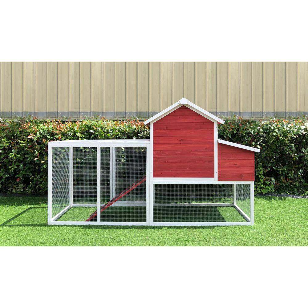 Red and White Elevated Wooden Chicken Coop with Mesh Run