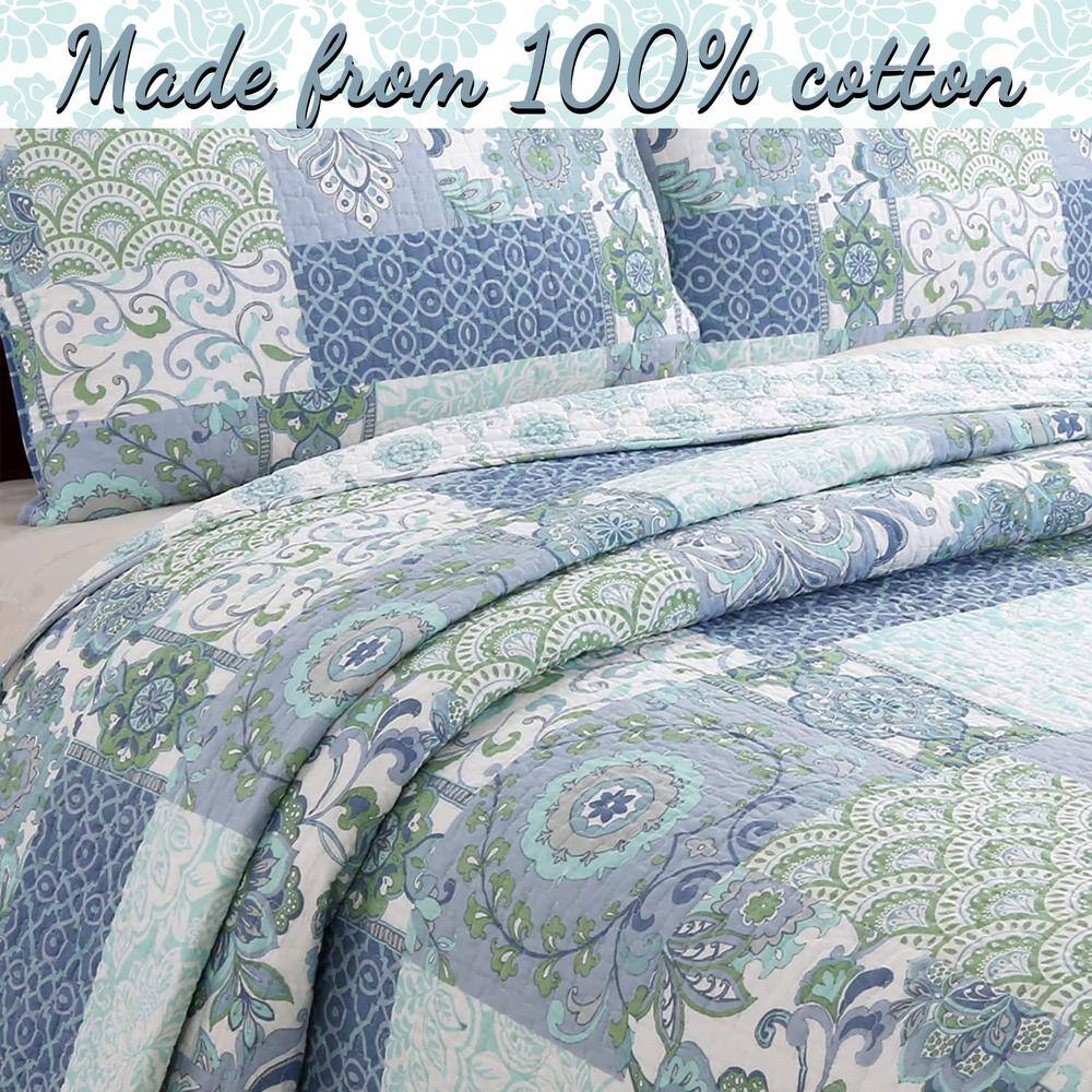 King Blue Cotton Reversible Patchwork Quilt Set