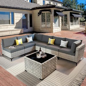 Taurus 7-Piece Wicker Outdoor Sectional Set with Black Cushions