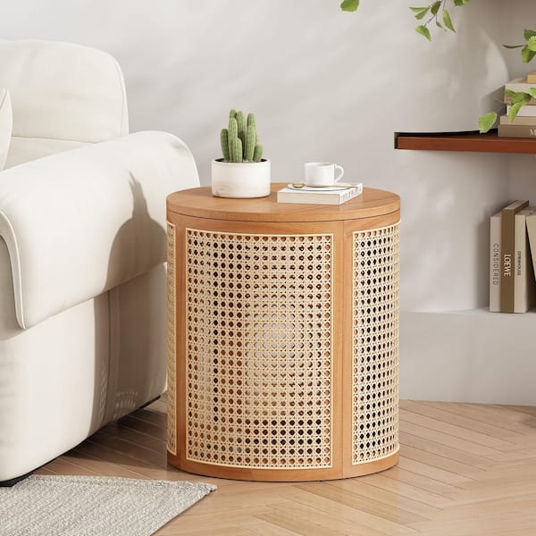 CHRISTOPHER KNIGHT HOME Ian 15.7 in. Natural Finish Round MDF and Solid Wood Side Table with Rattan Weave Base