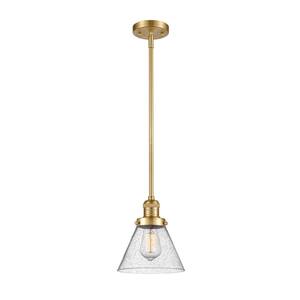 Cone 1-Light Satin Gold Cone Pendant Light with Seedy Glass Shade