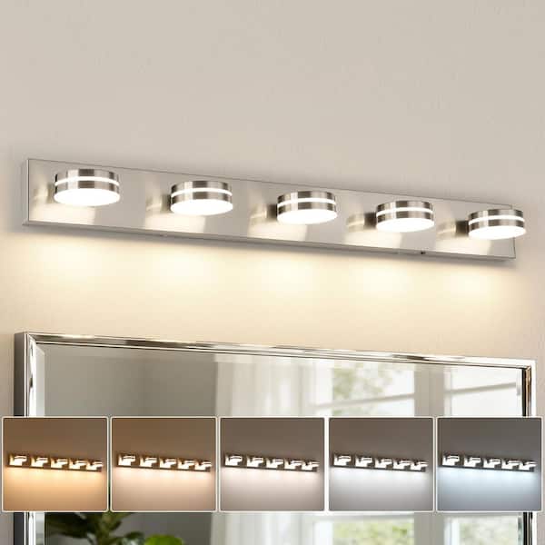 40.55 in. 5 Light Nickel Bathroom Dimmable LED Vanity Light with 5-CCT Adjustable Switch and Acrylic Lampshade