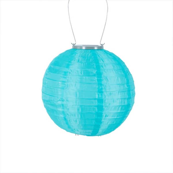 Glow 10 in. 1-Light Mint Round Integrated LED Hanging Outdoor Nylon Solar Lantern