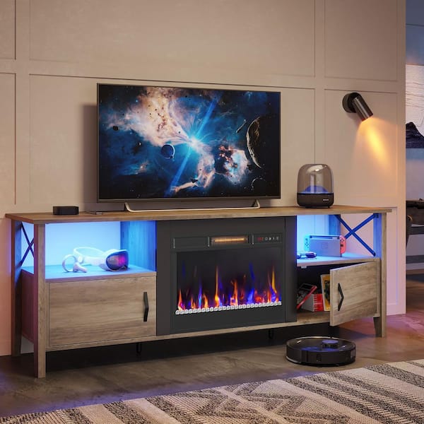 63 in.Gray Wash Freestanding Electric Fireplace TV Stand FIts TV's Up to 75 in. with LED and Adjustable Storage Cabinet