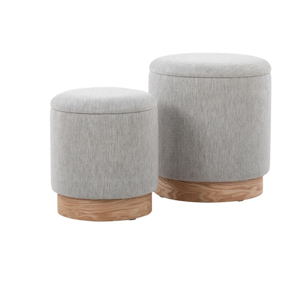 Lumisource Marla Light Grey Fabric and Natural Wood Nesting Ottoman Set