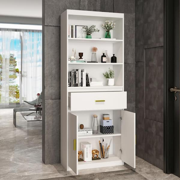 FUFU&GAGA 70.8 in. H White Wood 3-Shelf Bookcase Bookshelf With 2-Door ...