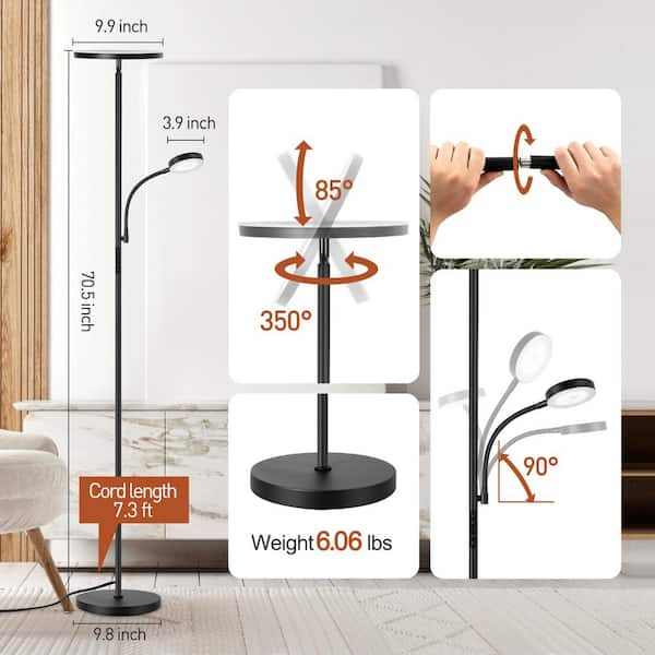 Modern Slim 71in. Black Dimmable Torchiere Floor Lamp with Reading Side Light and Remote Control
