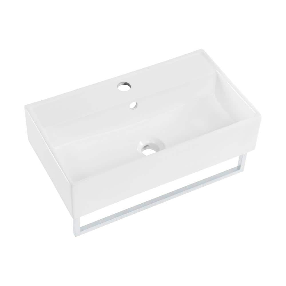 Claire 22" White Ceramic Wall-Mount Vessel Sink with Chrome Towel Bar
