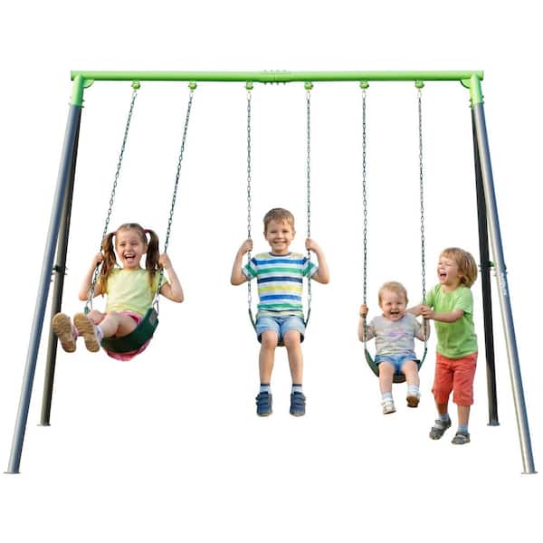 9-FT Heavy-Duty Metal Swing Set with Coated Chains, A-Frame Backyard Playset w/ 3-Swing Design, by a Trusted USA Brand.