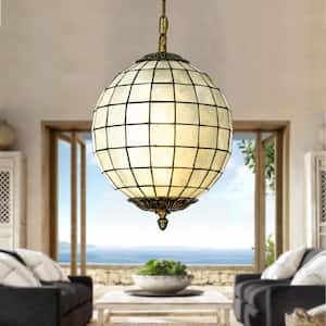 1-Light 12 in. Vintage Mid Century Natural Capiz Shell Chandelier Antique Brass French Country Globe Lantern Pendant