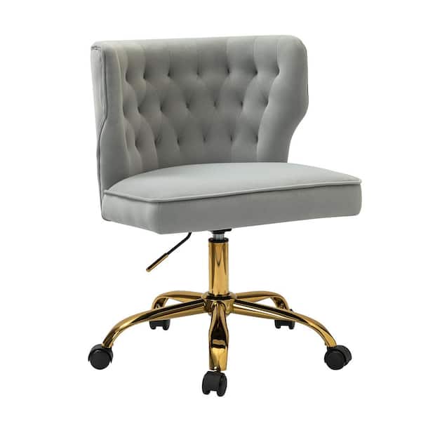 JAYDEN CREATION Rudolf Grey Tufted Upholstered Height-adjustable Swivel Ofiice Sliding Chair with Gold Metal Legs