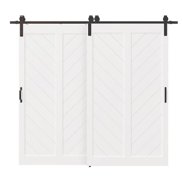 96 x 84 in. (Double 48" W Doors) White Herringbone Water Proof and MDF Double V-Frame Sliding Barn Door w/ Hardware Kit