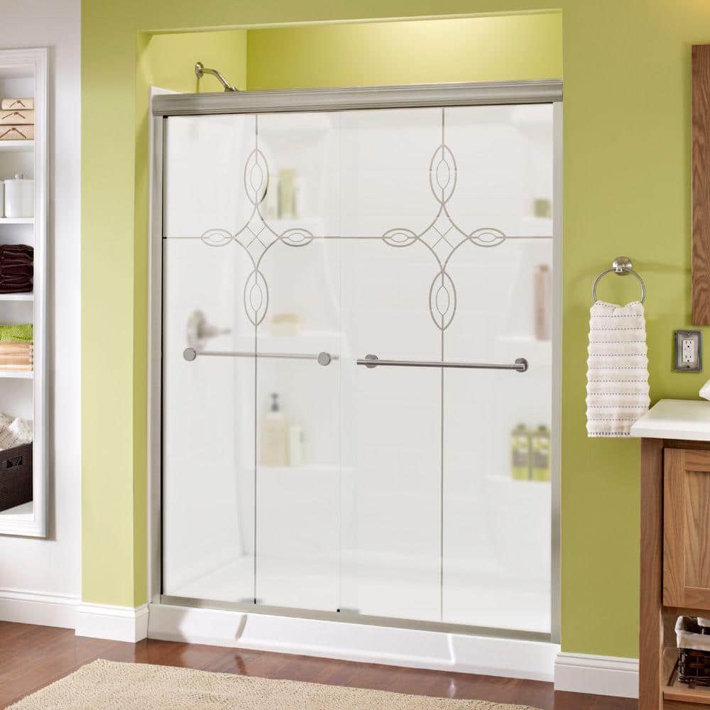 Lyndall Traditional 50-1/8 to 59-3/8 in. W x 70 in. H Semi-Frameless Sliding Shower Door, Nickel, Tranquility Glass -  Delta, 1118071
