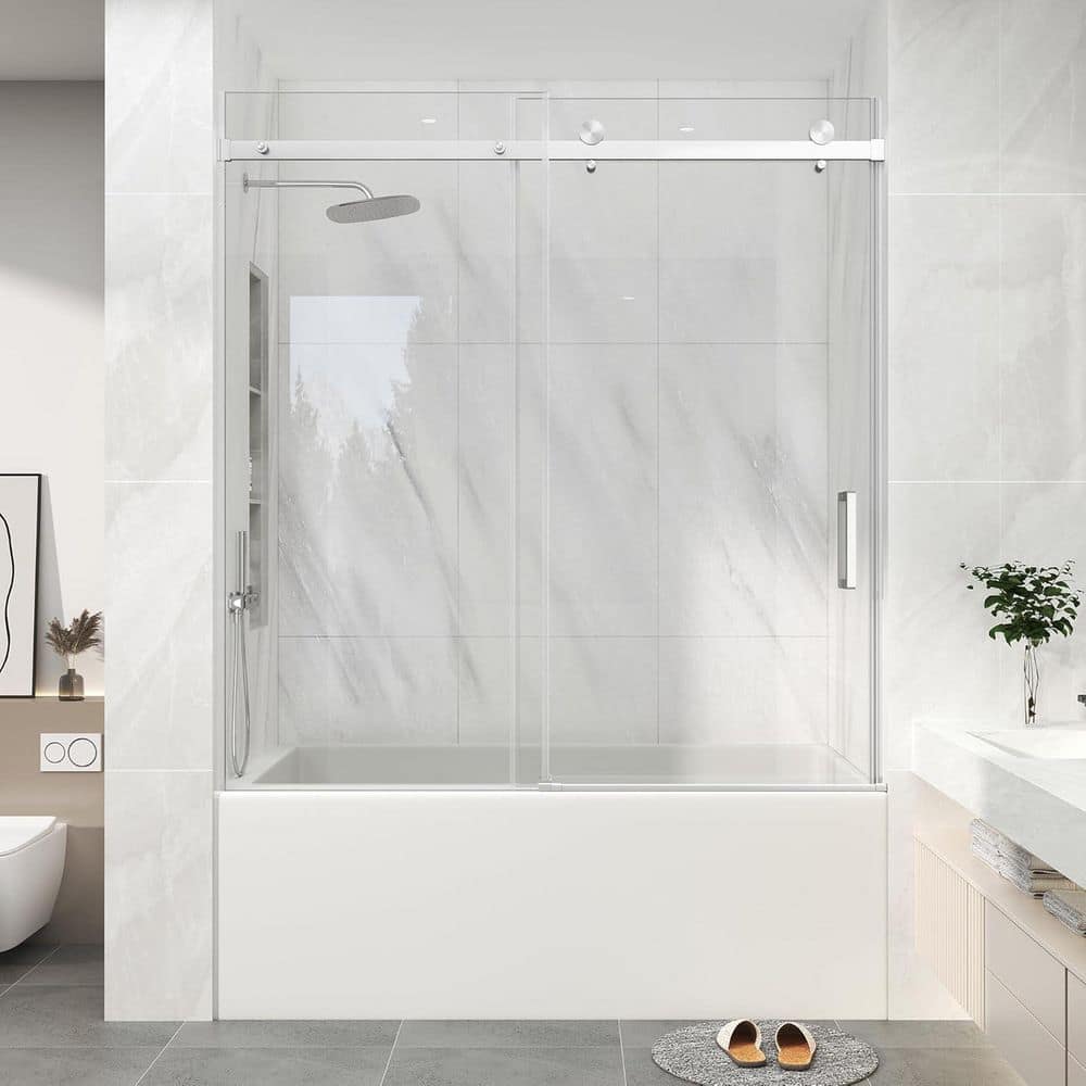 EASYWORC 55-60 in. W x 60 in. H Sliding Tub Door in Brushed Nickel