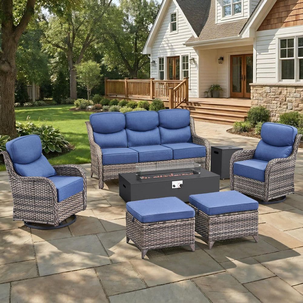 MoonLuxe Gray Wicker Fire Pit Conversation Set with Blue Olefin 6 in. Thick Cushions Patio Swivel Chairs (7-Piece) price history on PriceWatchPro