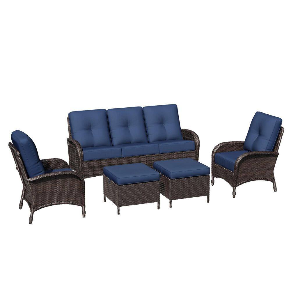 5-Piece Dark Brown Wicker Patio Conversation Set with Blue Cushions and Ottomans price history on PriceWatchPro