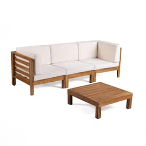 Jonah Teak Finish 2-Piece Wood Patio Deep Seating Set with Beige Cushions - 3 Seater Sofa, Coffee Table