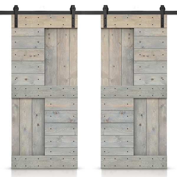 CALHOME 48 in. x 84 in. Smoke Gray Stained DIY Knotty Pine Wood Interior Double Sliding Barn Door with Hardware Kit