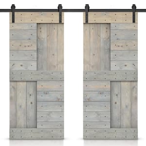 60 in. x 84 in. Smoke Gray Stained DIY Knotty Pine Wood Interior Double Sliding Barn Door with Hardware Kit