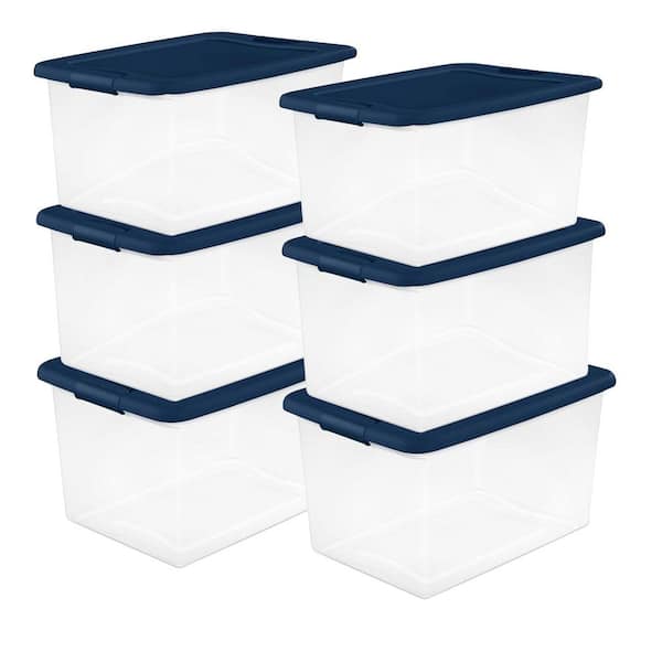 64-Qt. Latching Plastic Storage Tote with Hinged Lid in Marine Blue 6-Pack