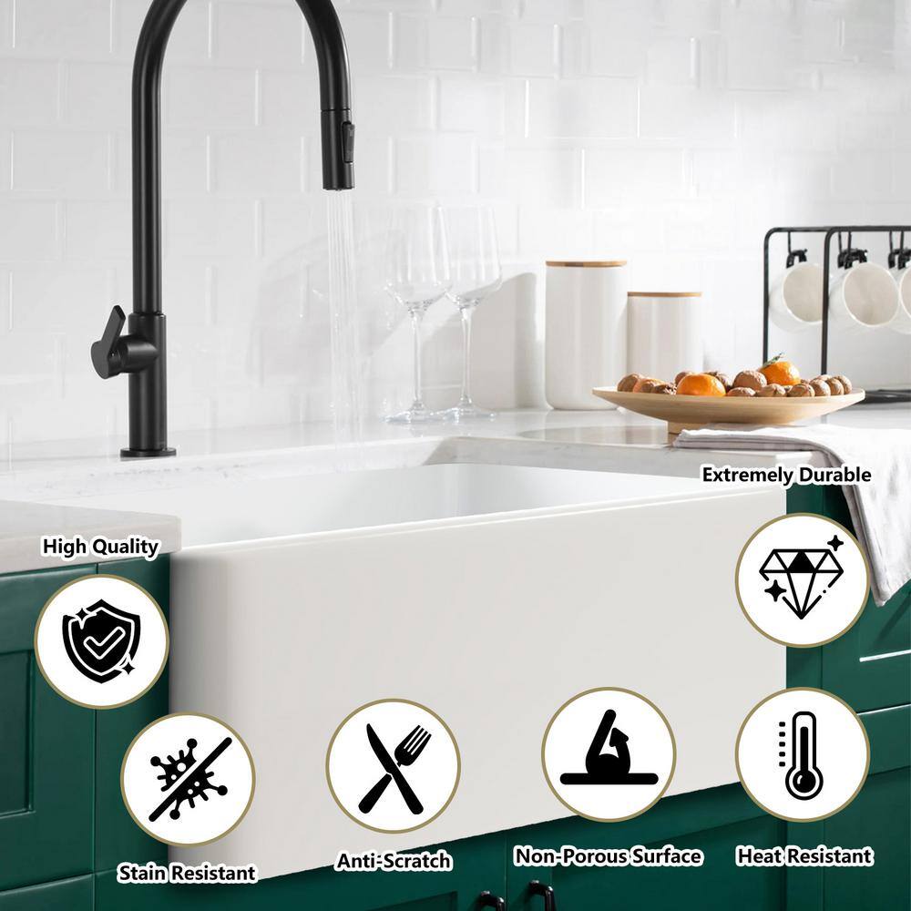 24'' White Fireclay Farmhouse Apron-Front Kitchen Sink