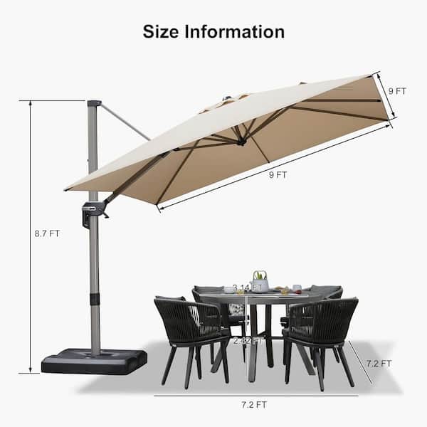 9 ft. Square Outdoor Patio Cantilever Umbrella Light Champagne Aluminum Offset 360° Rotation Umbrella with Base, Beige