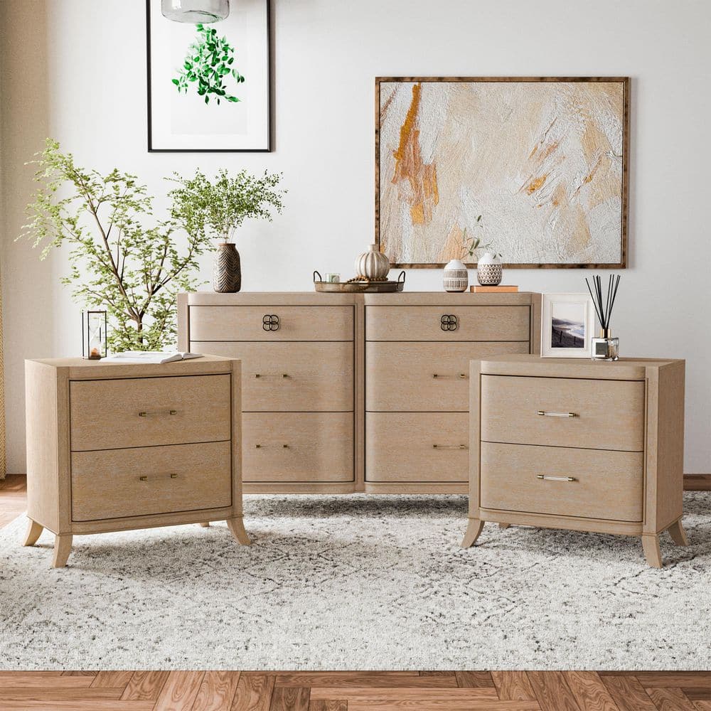 Ellington 3-Piece Natural Oak 2 Drawer 30 in. W Set of 2 Nightstands and Dresser with Soft Curved Edges