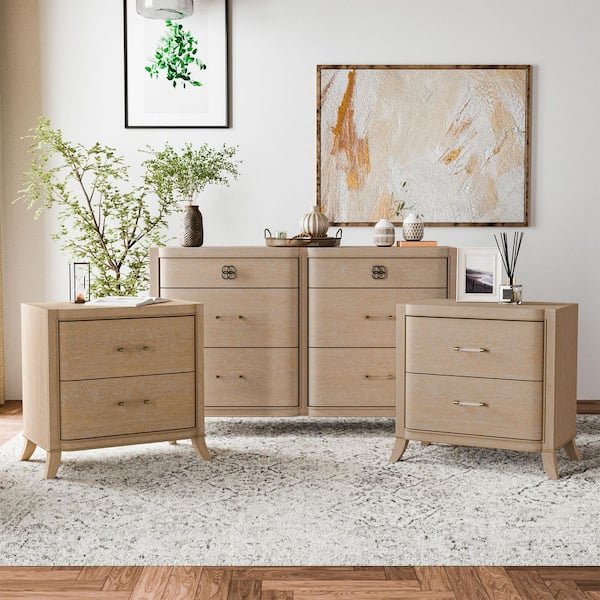Ellington 3-Piece Natural Oak 2 Drawer 30 in. W Set of 2 Nightstands and Dresser with Soft Curved Edges