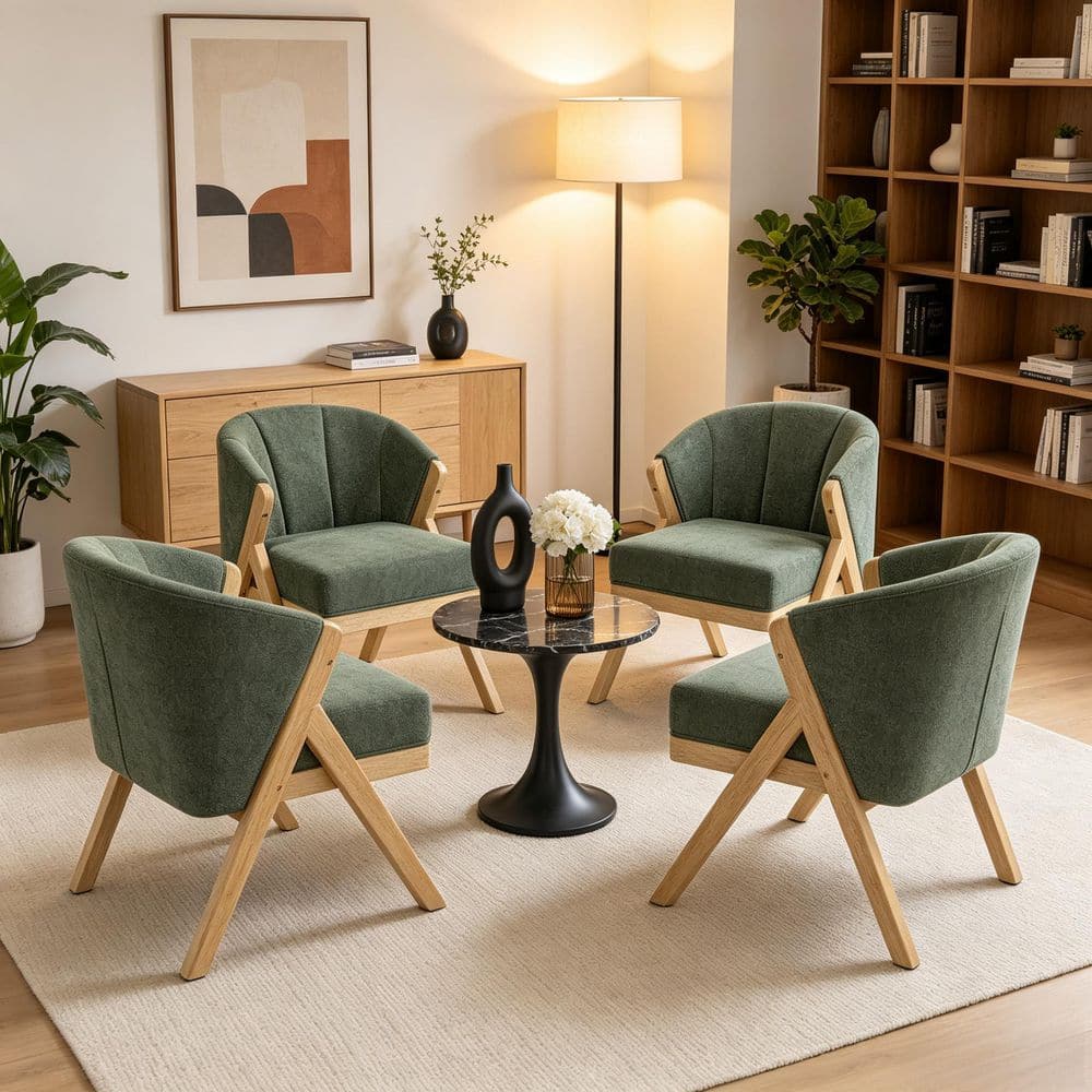 Green Chenille Upholstered Barrel Accent Arm Chair with Plush Cushion and Wood Frame for Living Room Bedroom (Set of 4)