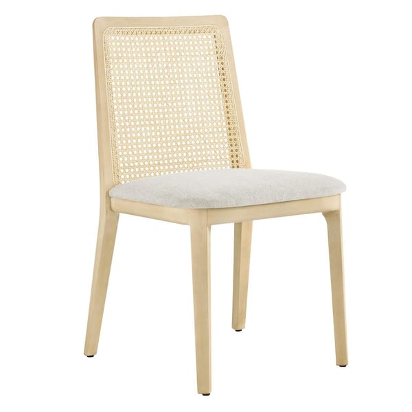 MODWAY Monarch Wood Dining Accent Chair with Cane Back and Padded Seat in Antique White Natural Heathered Weave Ivory
