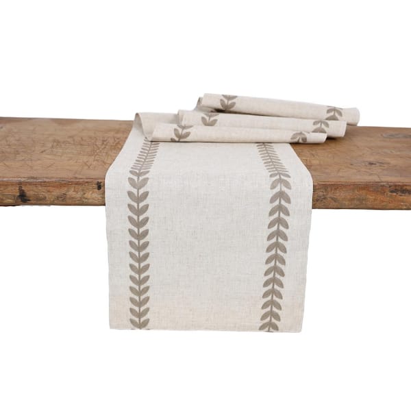15 in. x 108 in. Pine Green Cute Leaves Crewel Embroidered Table Runner