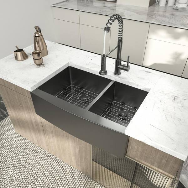 Spazio 33 in Double Bowl Kitchen Sink, 16 Gauge Stainless Steel with Grids  and Square Basket Strainers, by Stylish