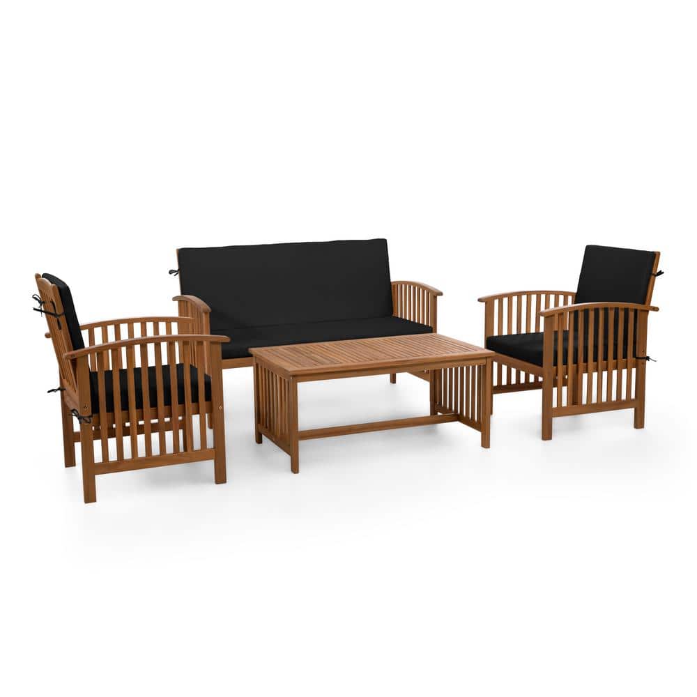 greemotion Kyushu 4-Piece Acacia Wood Small Space Patio Conversation Set With Black Cushions -  GM-1022BK-4PC