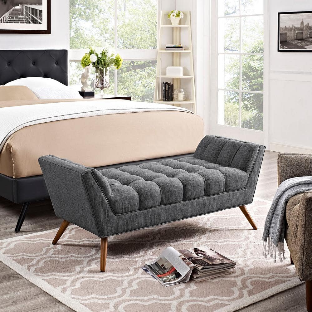 Energize Your Space Gray Tufted Upholstered Bench with Beech Wood Legs