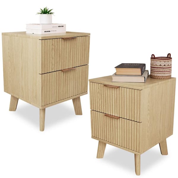 ATHMILE Natural Wooden 2-Drawer Waveform Nightstand /Bedside Table(15. 74in. W x 15. 74in. D x 21. 65in. H)