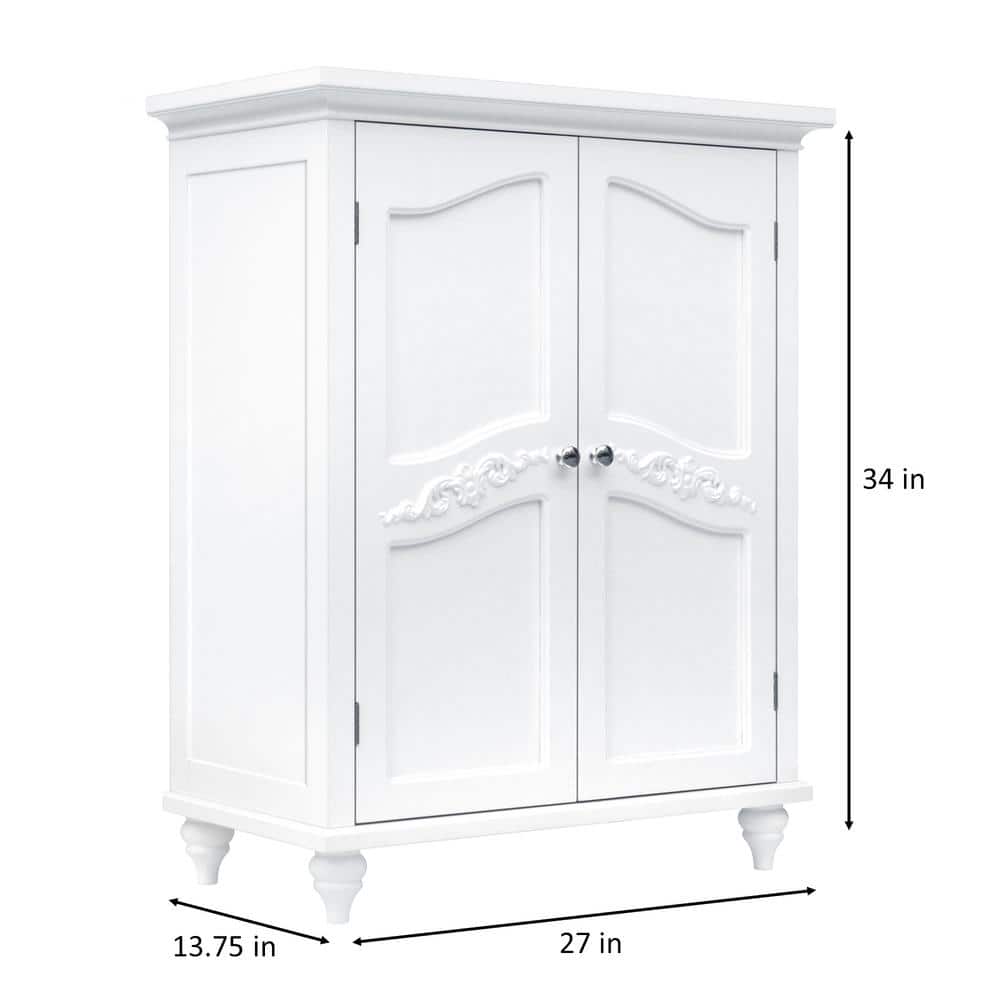 White Wooden Cabinet with Adjustable Shelves and Engraved Doors