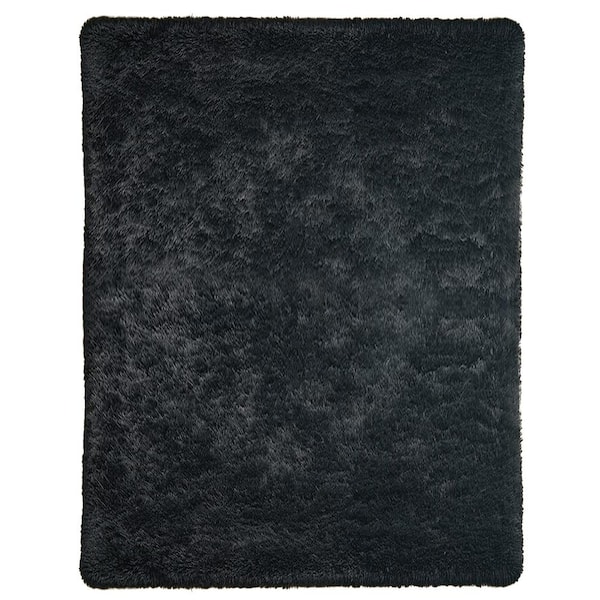 Latepis Plush Shag Black 7 ft. x 10 ft. Solid Polyester Area Rug