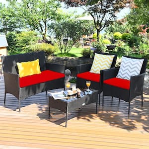4-Piece Wicker Patio Conversation Set Sofa Coffee Table with Red Cushions