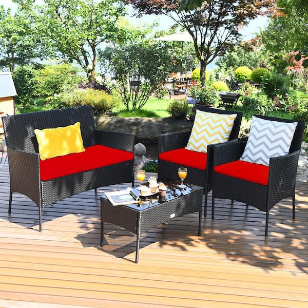 4-Piece Wicker Patio Conversation Set Sofa Coffee Table with Red Cushions
