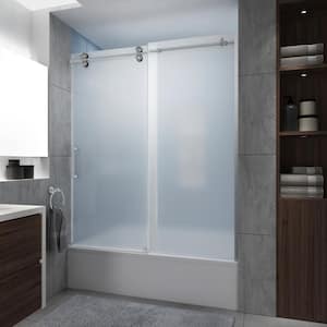 Langham XL 56 - 60 in. W x 70 in. H Frameless Sliding Tub Door in Stainless Steel with Ultra-Bright Frosted Glass