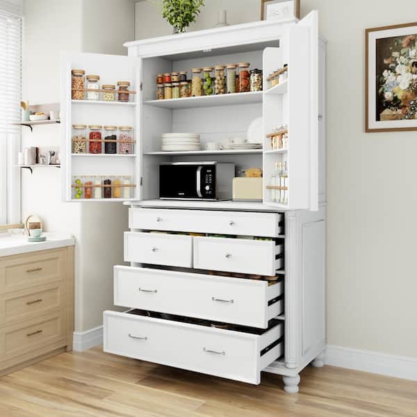 77.3 in.Tall White Freestanding Large Kitchen Pantry with 6 Door Shelves, 2 Adjustable Shelves and 5 Drawers