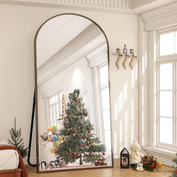 XRAMFY 34 in. W x 76 in. H Arched Classic Black Aluminum Alloy Framed Full Length Mirror Standing Floor Mirror