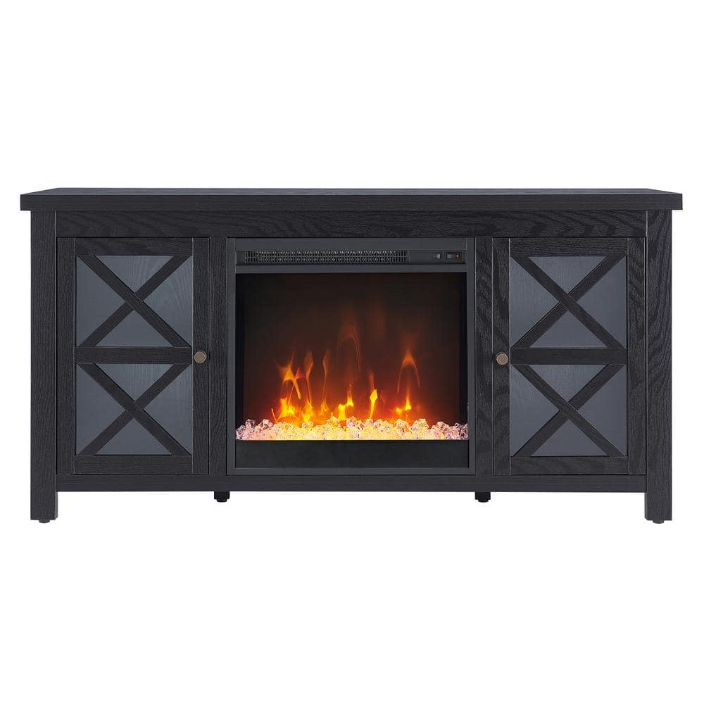 Colton 55" Black Metal TV Stand with Crystal Fireplace and Cabinet