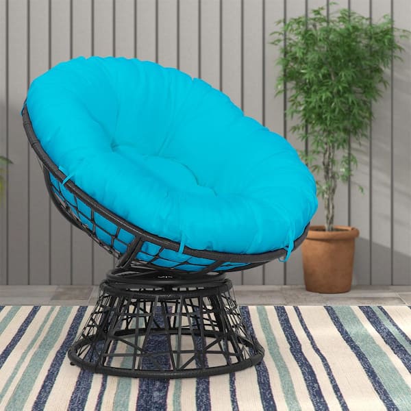 Maypex Black Wicker Outdoor Swivel Papasan Chair with Aqua Cushion