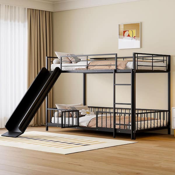 Black Twin Over Twin Bunk Bed with Slide and Guardrails