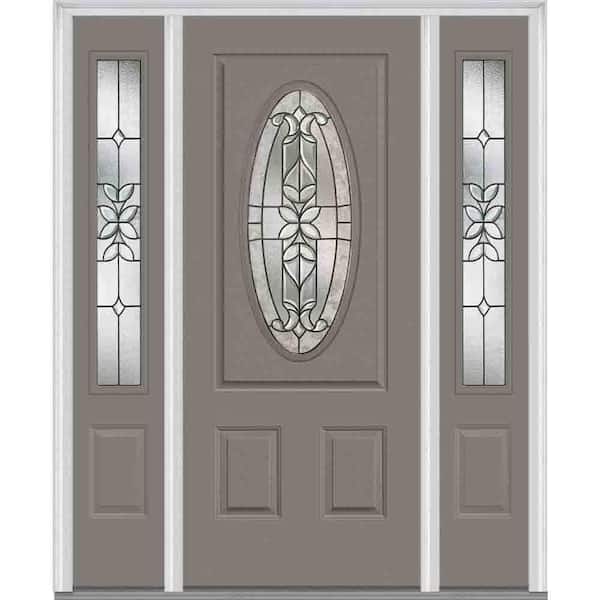 Milliken Millwork 68.5 in. x 81.75 in. Cadence Decorative Glass 3/4 Oval Painted Fiberglass Smooth Exterior Door with Sidelites