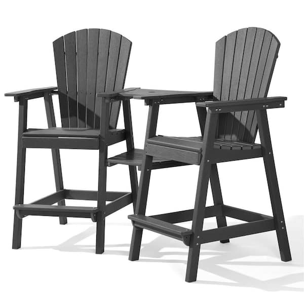 Dark Grey HDPE Tall Adirondack Chair with Removable Double Connecting Trays for Deck, Balcony, Patio (2-Pack)