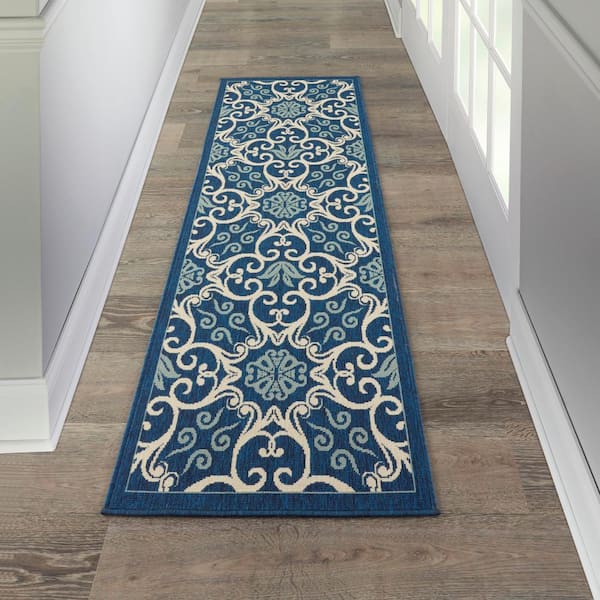 Caribbean Navy 2 ft. x 8 ft. Kitchen Runner Botanical Transitional Indoor/Outdoor Patio Area Rug