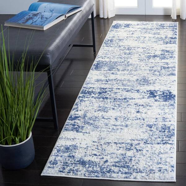Amelia 2 ft. x 8 ft. Ivory/Navy Abstract Distressed Runner Rug