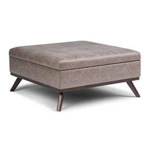 Owen 36 in. Wide Mid Century Modern Square Coffee Table Storage Ottoman in Distressed Grey Taupe Faux Leather